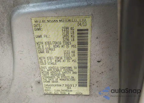 2013 Nissan Frontier Sv z USA, uszkodzony, nr VIN 1N6AD0ER9DN730317